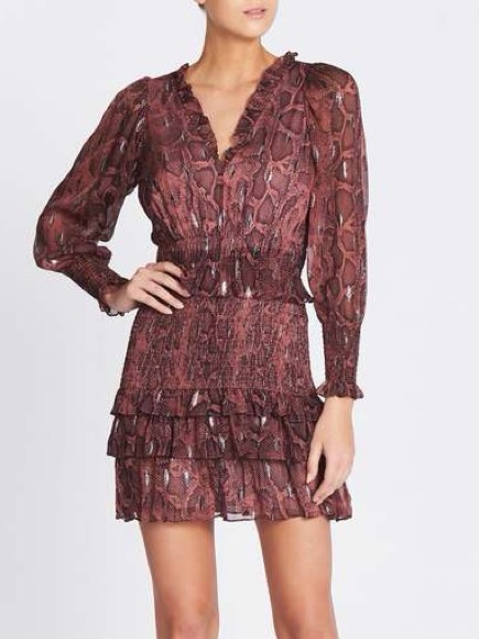 Rebecca Taylor Snake Print Smocked Clip Silk Dress Medium